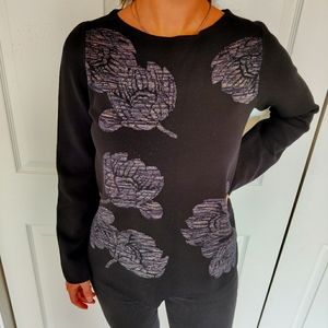 NWT Beautiful Ann Taylor Black Sweater with Leaf/Floral Sparkle Embroidery ✨